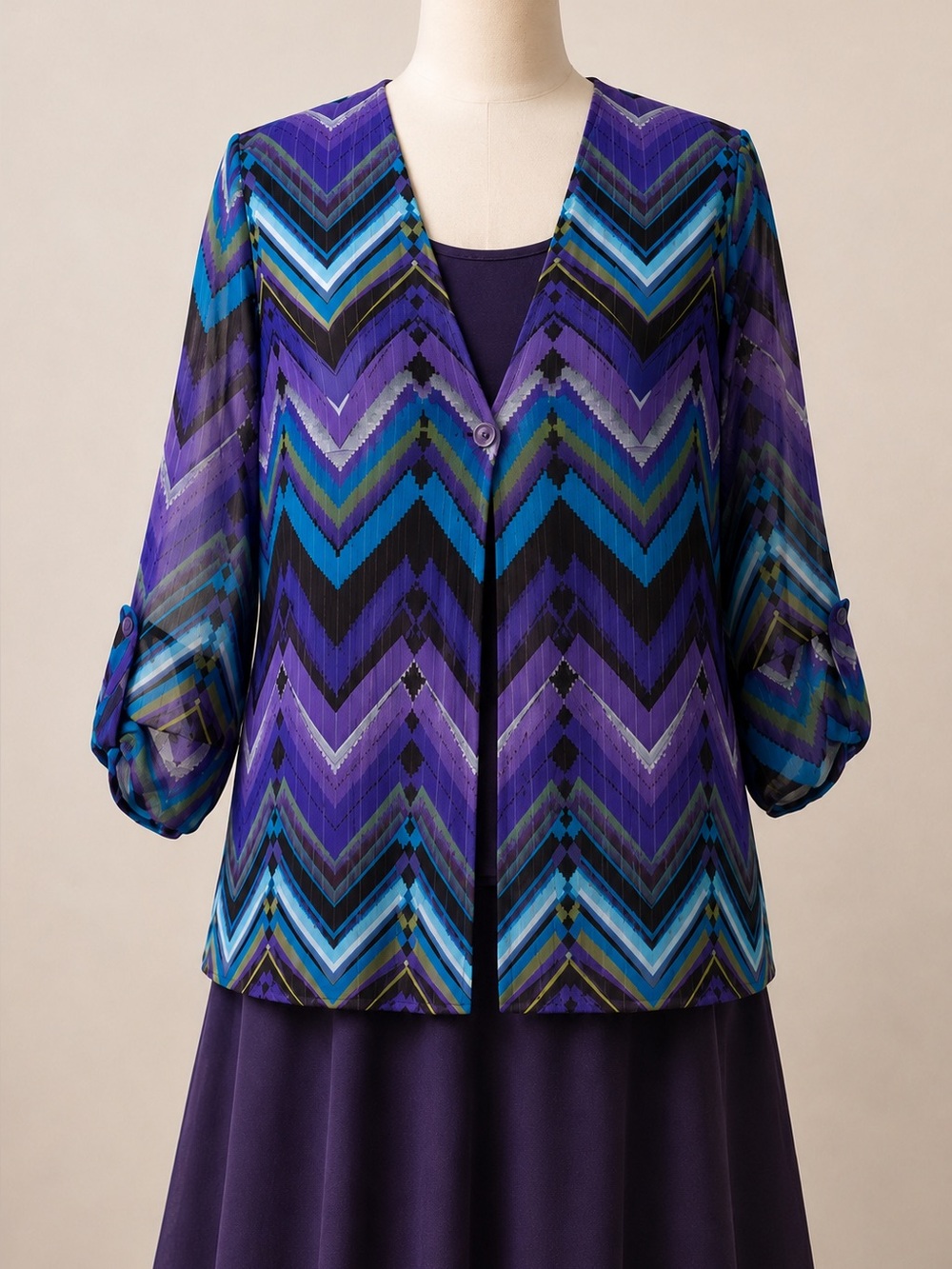 Purple 3 Piece Skirt Suit Set Size 12 Chevron Jacket Koret Dress